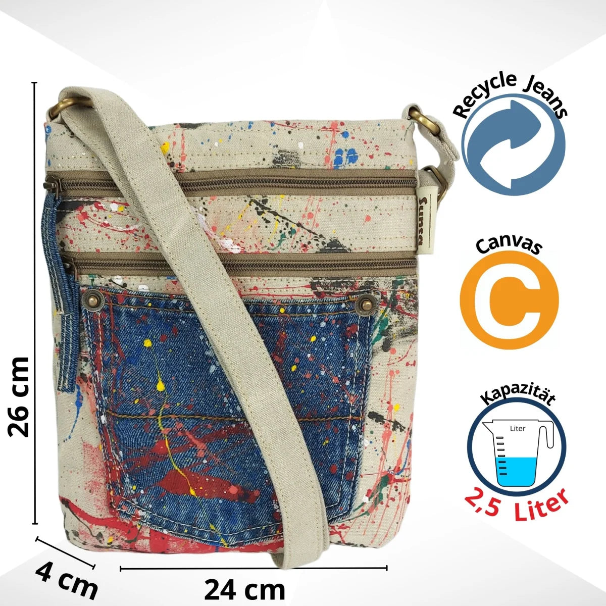 Sunsa kleine Umhängetasche, Canvas Crossbody Bag. Nachhaltige Schultertasche mit Abstrakt Kunst Design