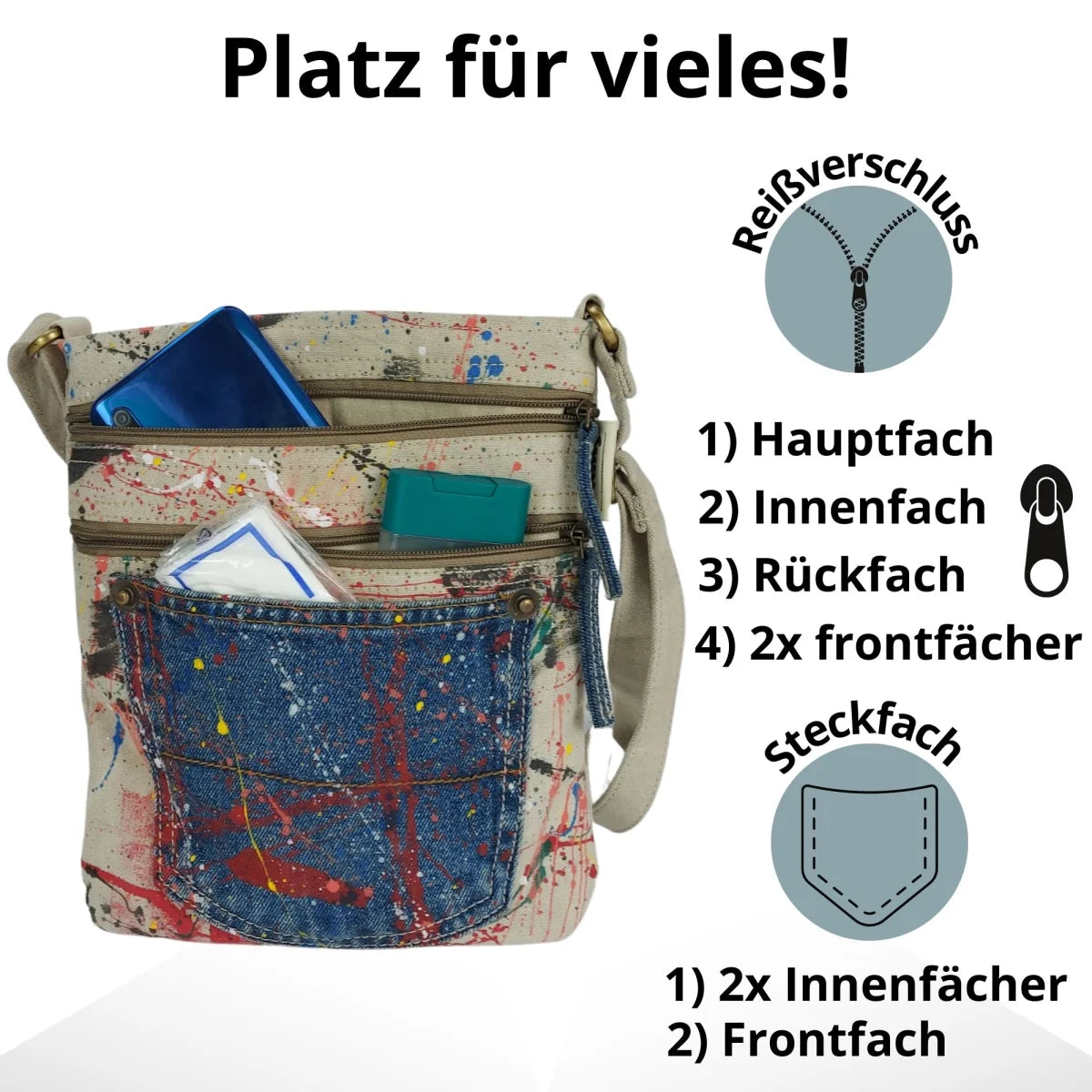 Sunsa kleine Umhängetasche, Canvas Crossbody Bag. Nachhaltige Schultertasche mit Abstrakt Kunst Design