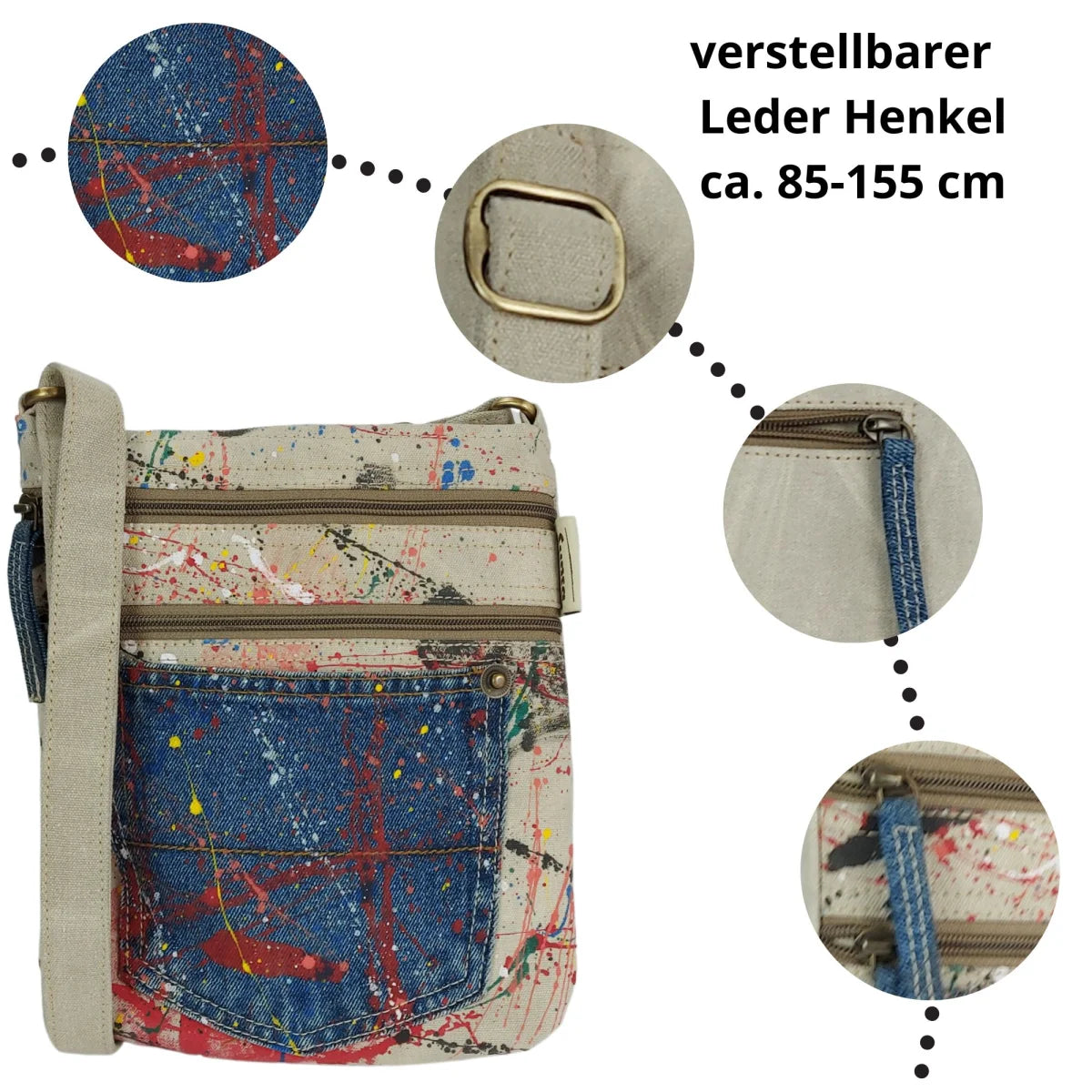 Sunsa kleine Umhängetasche, Canvas Crossbody Bag. Nachhaltige Schultertasche mit Abstrakt Kunst Design