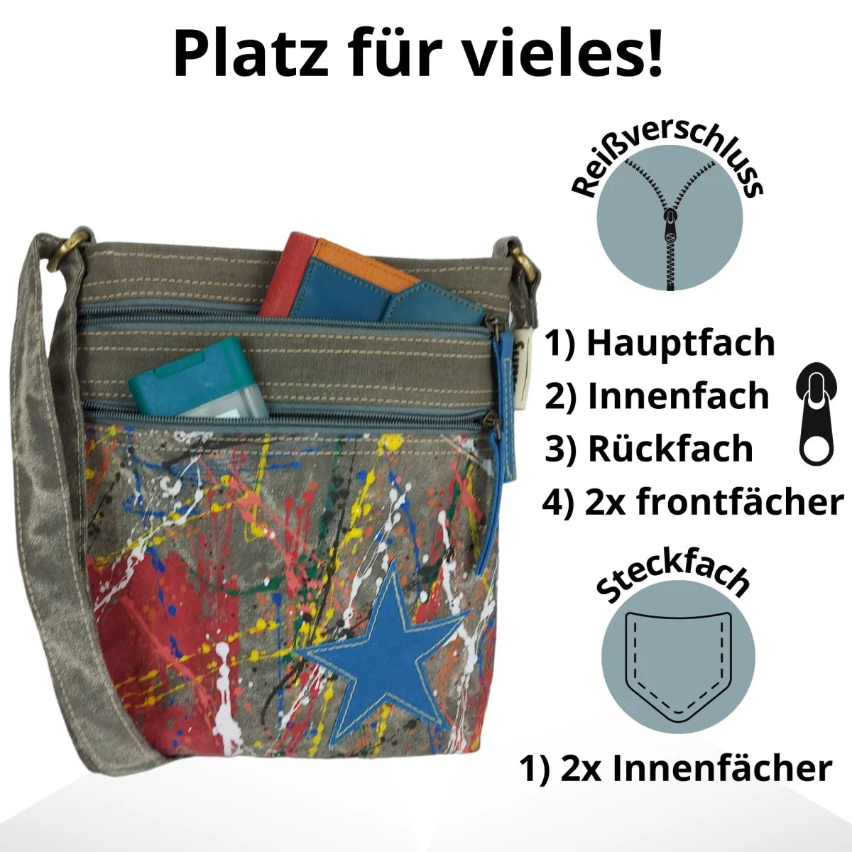 Sunsa kleine Umhängetasche, Canvas Crossbody Bag. Schultertasche mit Abstrakt Kunst Design