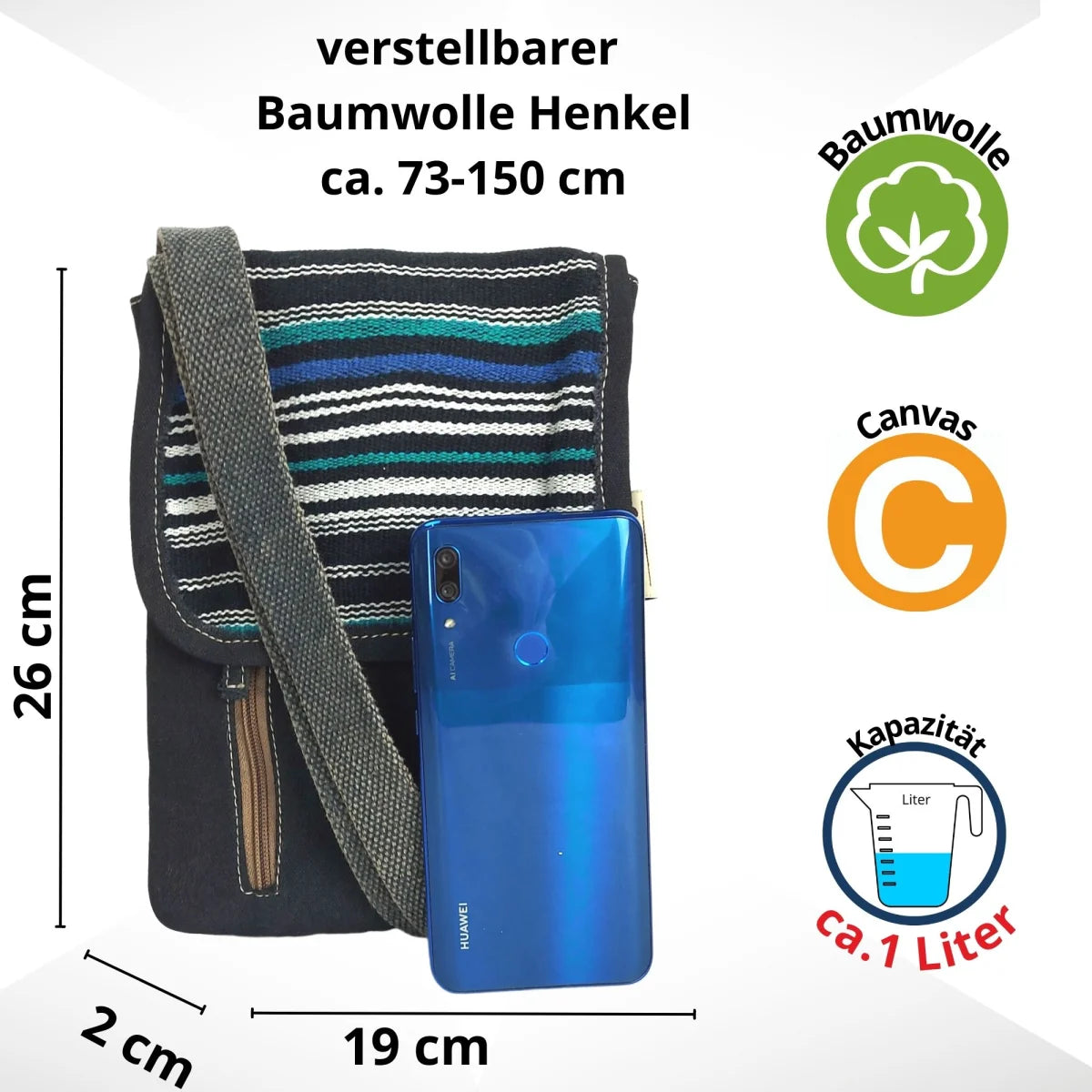 Sunsa Damen Handy Tasche, kleine Umhängetasche aus Canvas & gewebte Baumwolle. Vegane Crossover bag mit Streifen blau