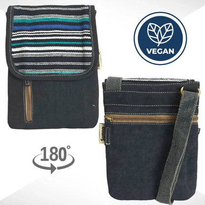 Sunsa Damen Handy Tasche, kleine Umhängetasche aus Canvas & gewebte Baumwolle. Vegane Crossover bag mit Streifen blau - HOLE-X-WORLD