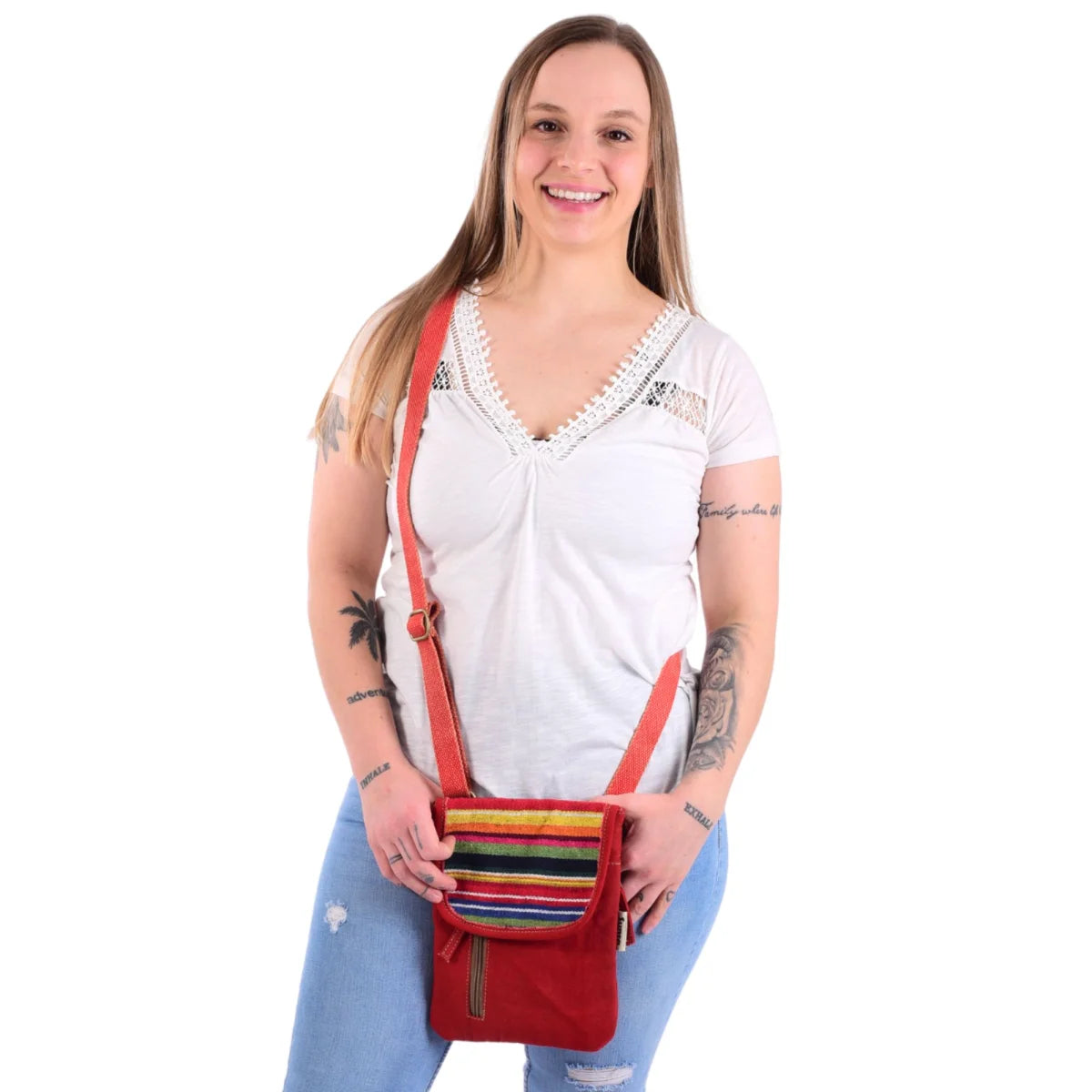 Sunsa Damen Handy Tasche, kleine Umhängetasche aus Canvas & gewebte Baumwolle. Vegane Crossover bag mit Streifen rot