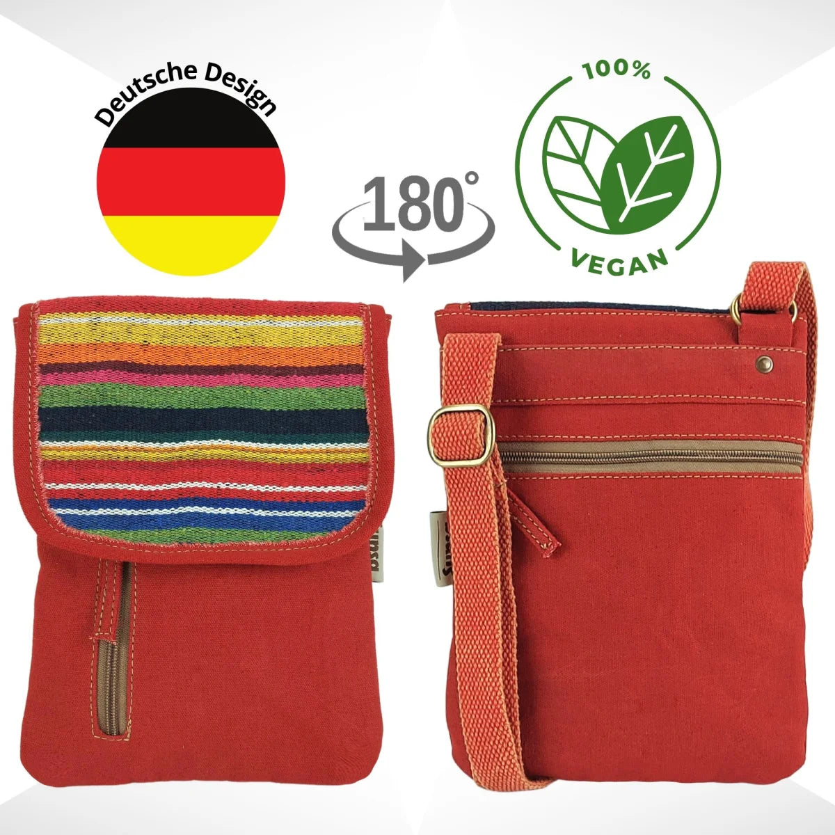 Sunsa Damen Handy Tasche, kleine Umhängetasche aus Canvas & gewebte Baumwolle. Vegane Crossover bag mit Streifen rot