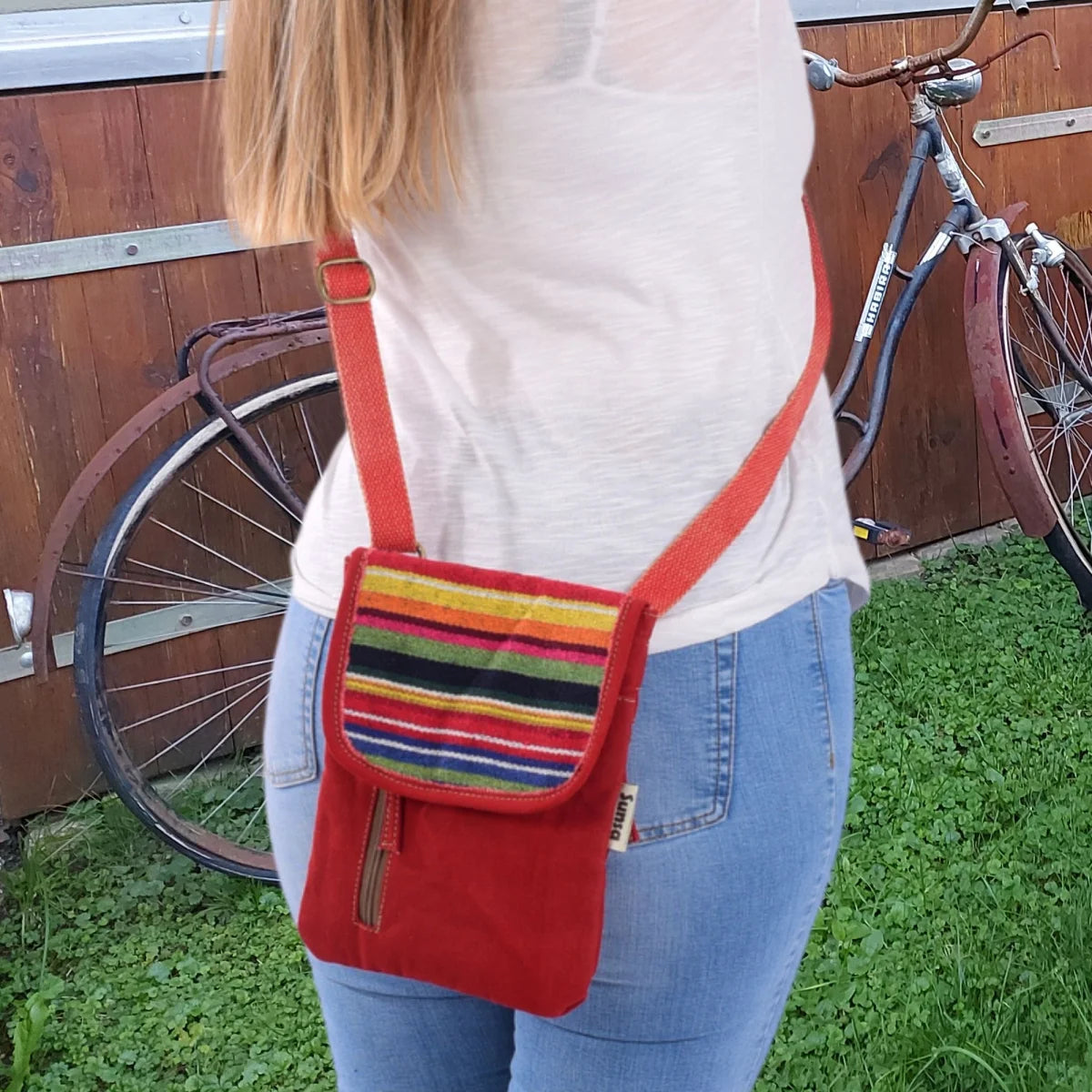 Sunsa Damen Handy Tasche, kleine Umhängetasche aus Canvas & gewebte Baumwolle. Vegane Crossover bag mit Streifen rot