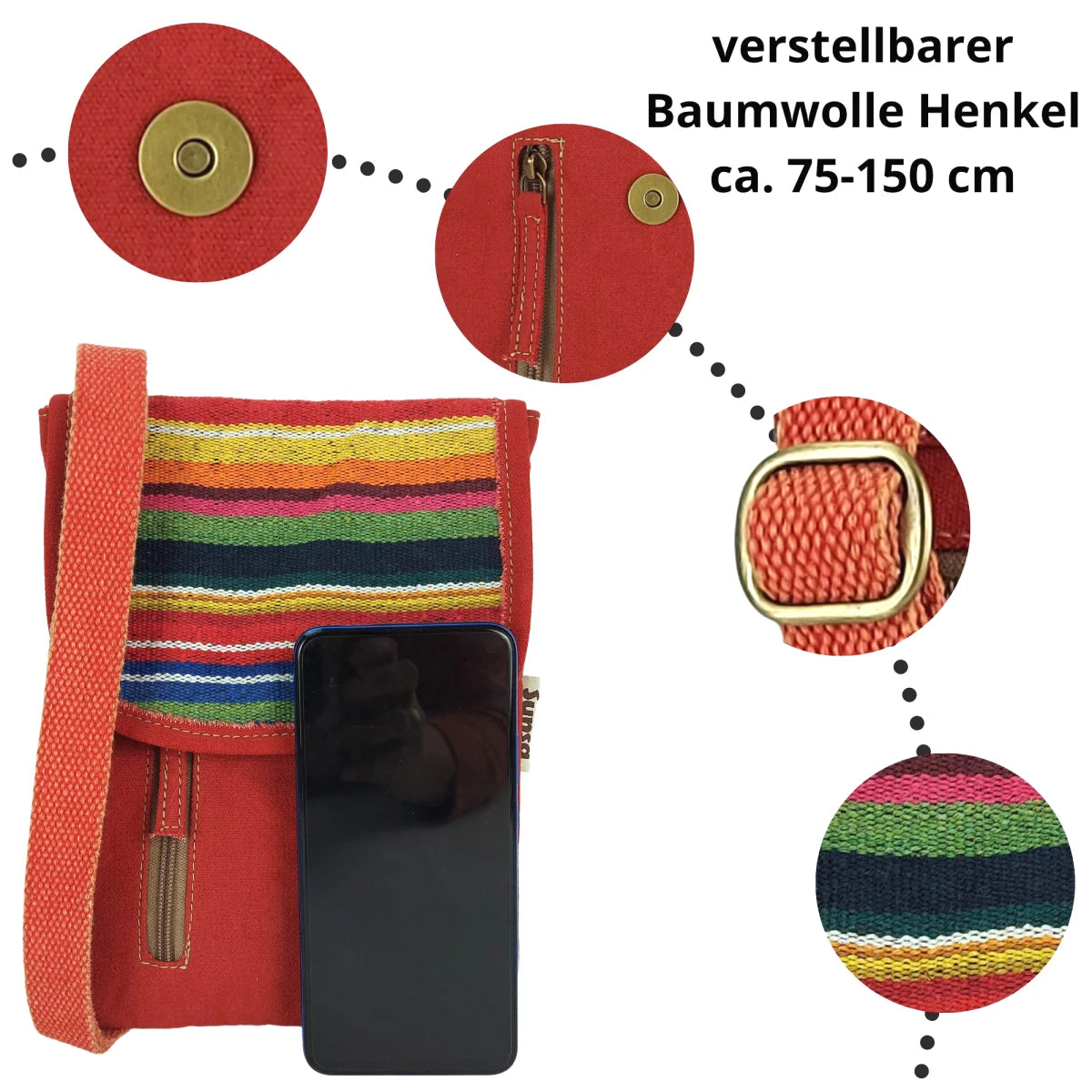 Sunsa Damen Handy Tasche, kleine Umhängetasche aus Canvas & gewebte Baumwolle. Vegane Crossover bag mit Streifen rot