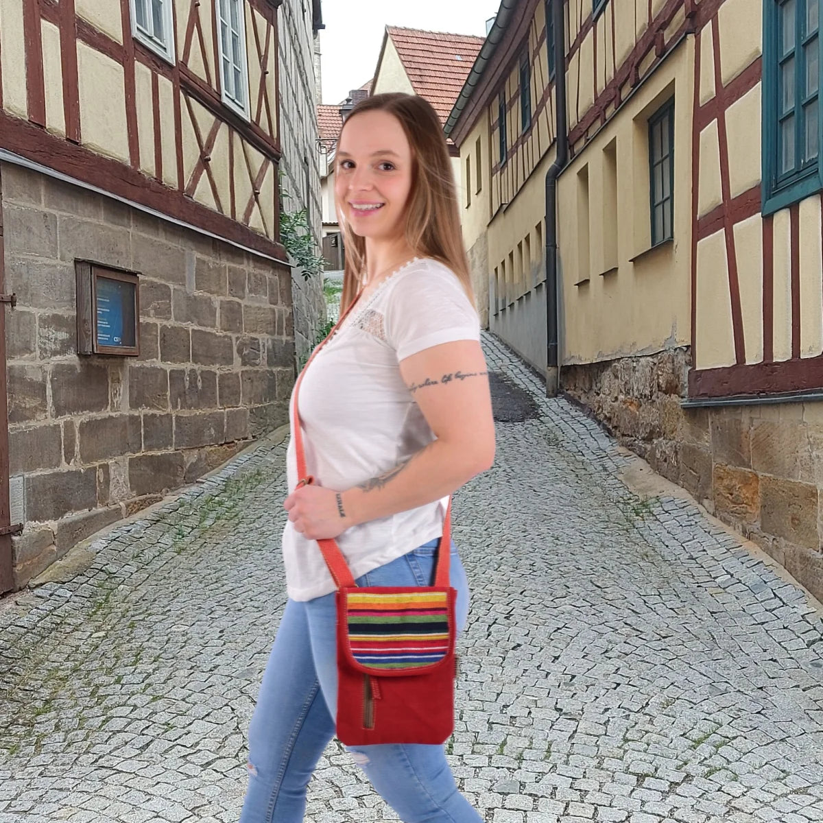 Sunsa Damen Handy Tasche, kleine Umhängetasche aus Canvas & gewebte Baumwolle. Vegane Crossover bag mit Streifen rot