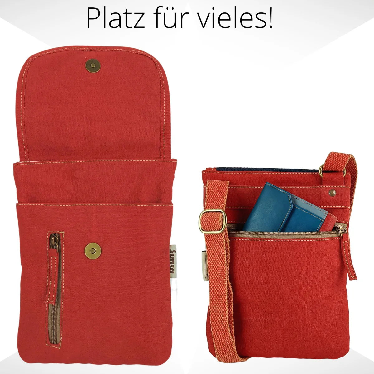 Sunsa Damen Handy Tasche, kleine Umhängetasche aus Canvas & gewebte Baumwolle. Vegane Crossover bag mit Streifen rot