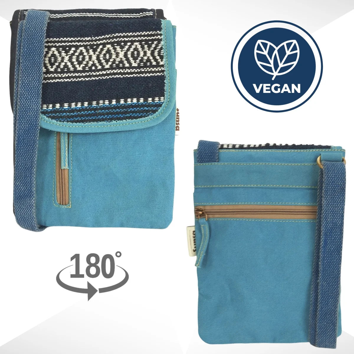 Sunsa Damen Handy Tasche, kleine Umhängetasche aus Canvas & gewebte Baumwolle. Vegane Crossover bag mit Streifen türkis