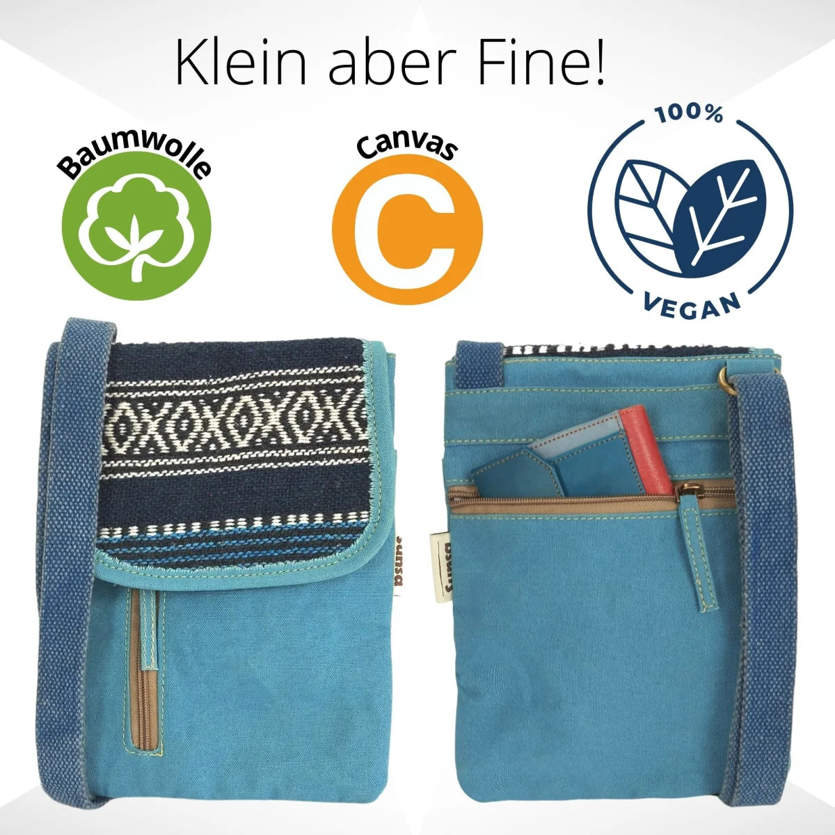 Sunsa Damen Handy Tasche, kleine Umhängetasche aus Canvas & gewebte Baumwolle. Vegane Crossover bag mit Streifen türkis