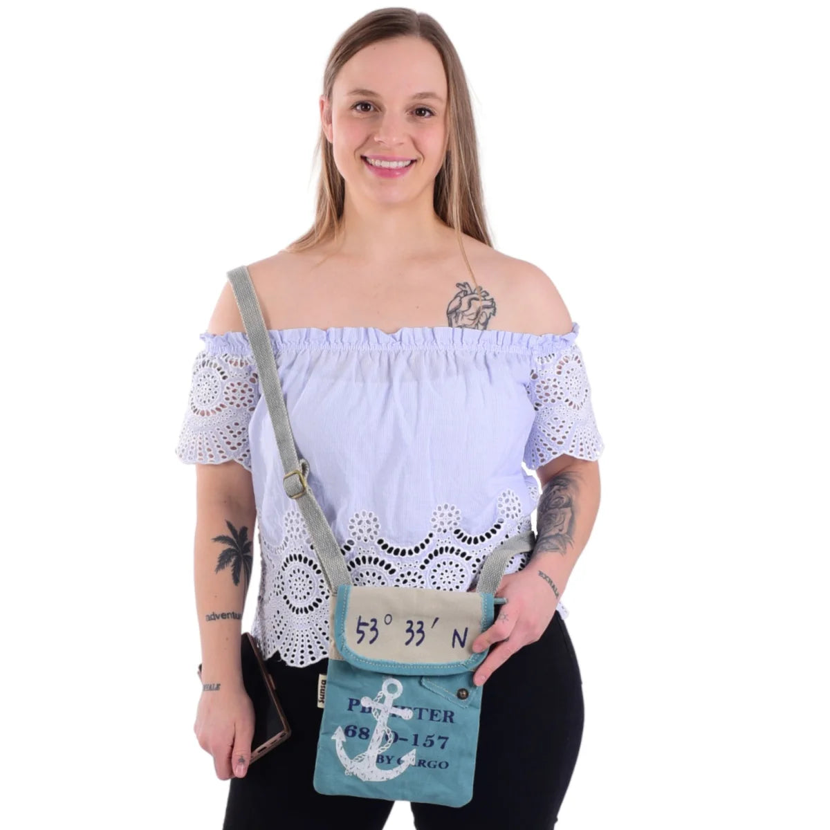 Sunsa Damen Handy Tasche, kleine Umhängetasche aus Canvas. Vegane Crossover bag mit Maritim-Motiv Anker