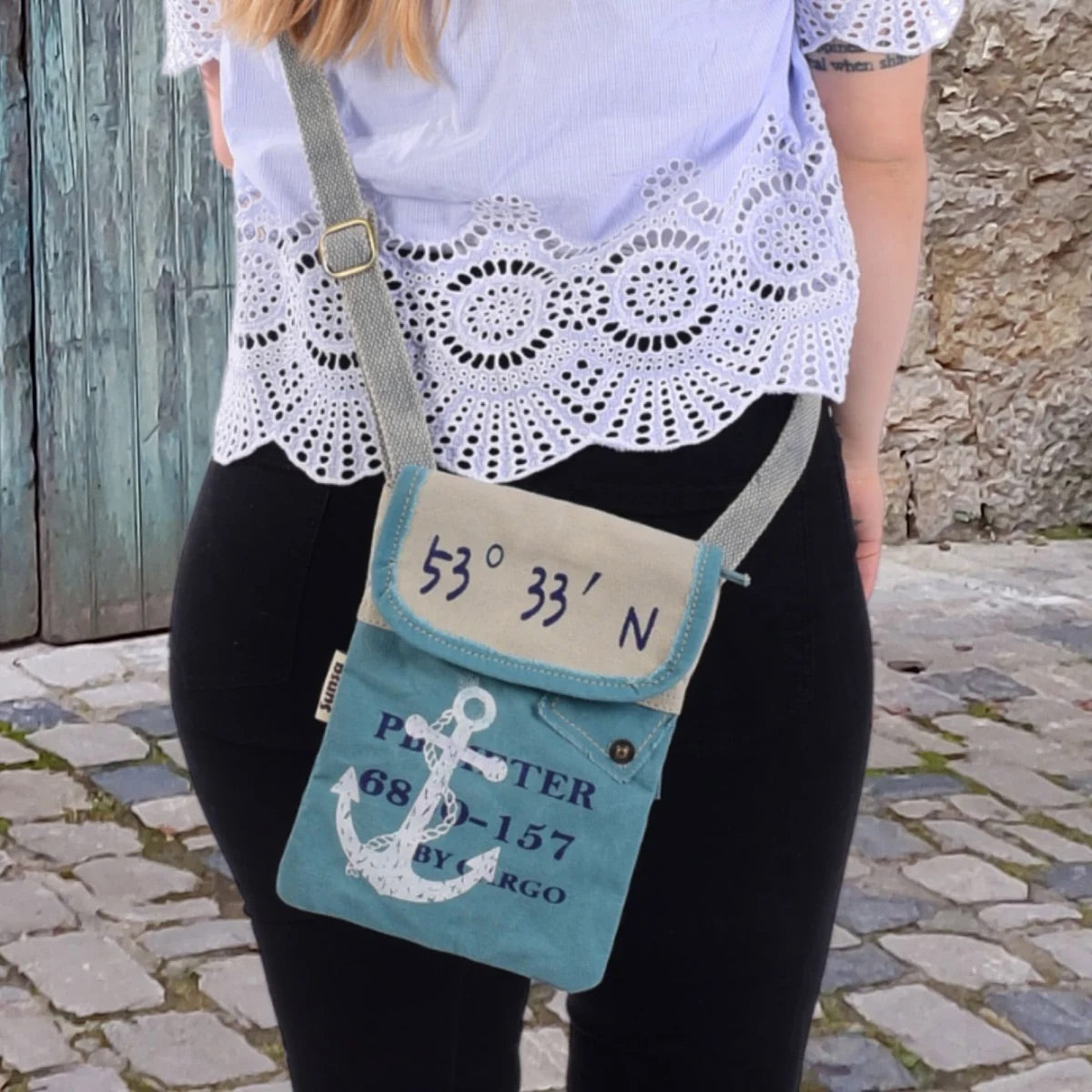 Sunsa Damen Handy Tasche, kleine Umhängetasche aus Canvas. Vegane Crossover bag mit Maritim-Motiv Anker