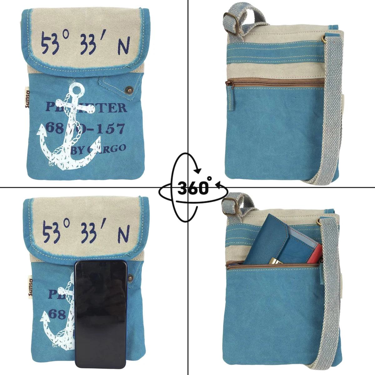 Sunsa Damen Handy Tasche, kleine Umhängetasche aus Canvas. Vegane Crossover bag mit Maritim-Motiv Anker