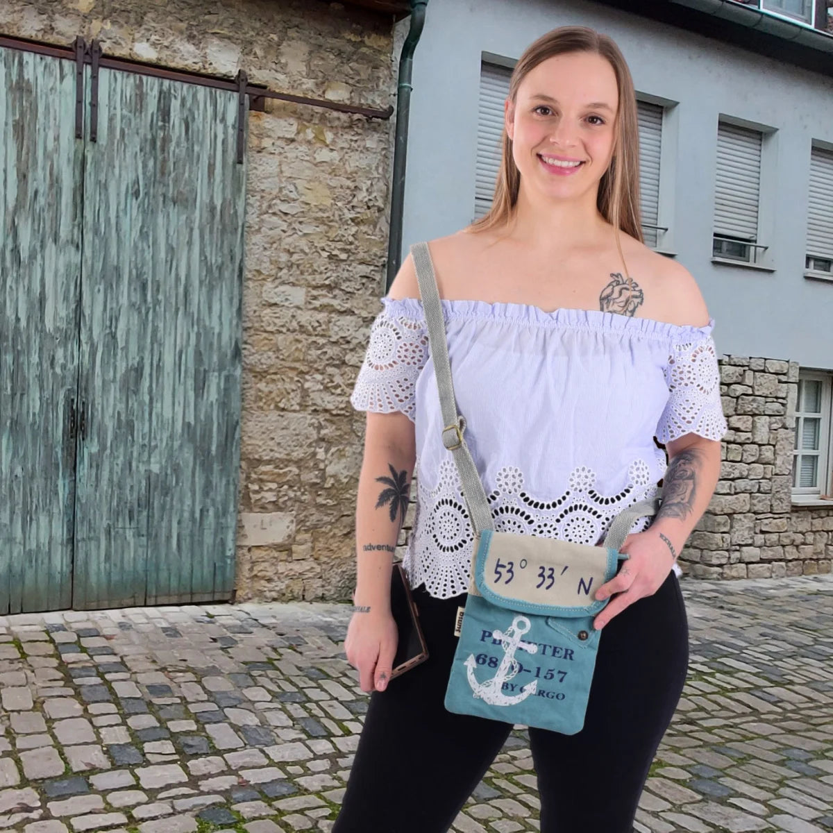 Sunsa Damen Handy Tasche, kleine Umhängetasche aus Canvas. Vegane Crossover bag mit Maritim-Motiv Anker