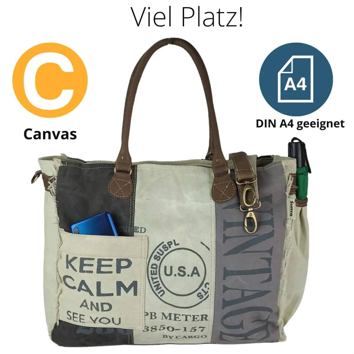 Sunsa Vintage Tasche Shopper Badetasche Schultertasche Canvas mit Leder - HOLE-X-WORLD