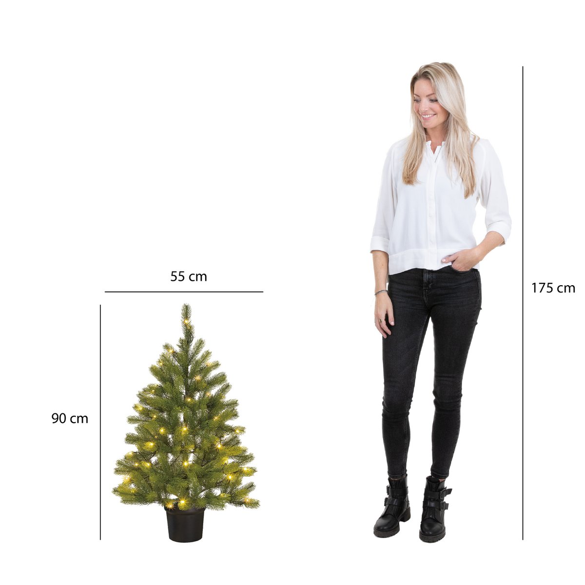 Nigata Künstlicher Weihnachtsbaum im Topf mit LED-Beleuchtung – H90 x Ø55 cm – Grün