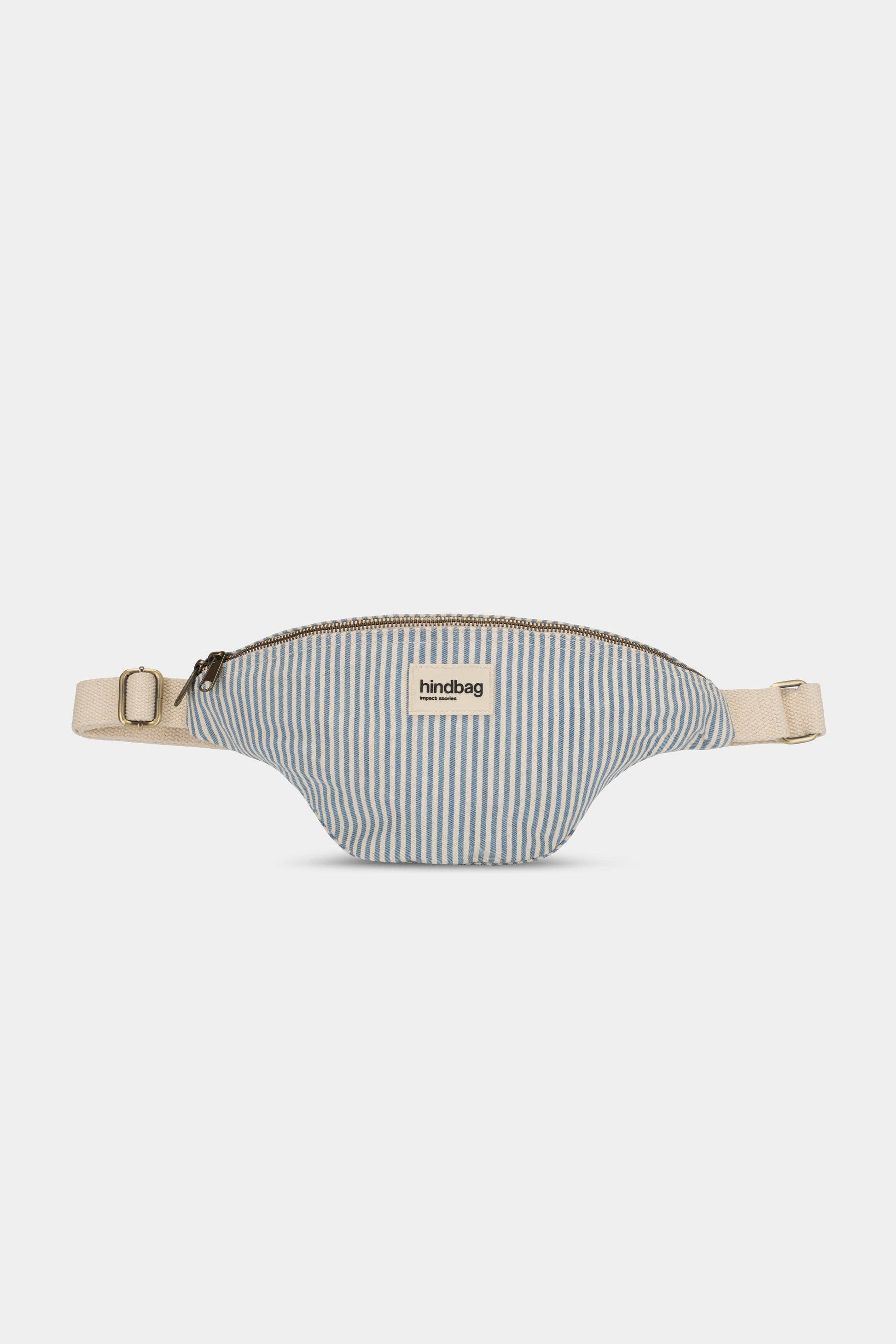 Bauchtasche Olivia von Hindbag in blau-grauen Streifen – GOTS Bio-Baumwolle, Doppelreißverschluss, verstellbarer Gurt 56–105 cm
