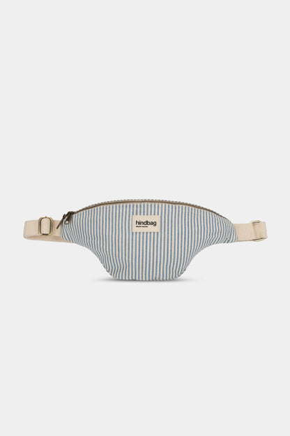Bauchtasche Olivia von Hindbag in blau-grauen Streifen – GOTS Bio-Baumwolle, Doppelreißverschluss, verstellbarer Gurt 56–105 cm