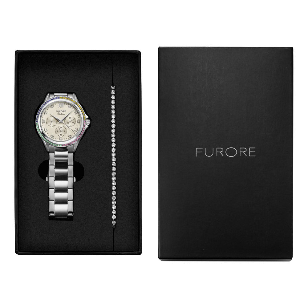 Exklusives Geschenkset: Brilliance Armbanduhr und passendes Silber-Edelstahlarmband – Furore Kollektion