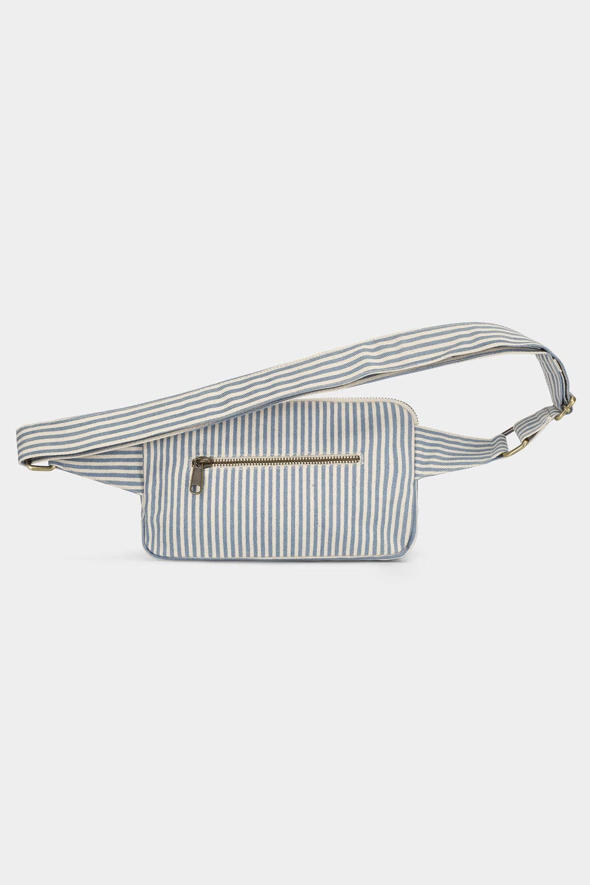 Gürteltasche Harry von Hindbag in blau-grauen Streifen – GOTS Bio-Baumwolle, 2 Reißverschlusstaschen, verstellbarer Gurt 73–115 cm