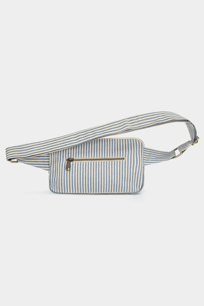 Gürteltasche Harry von Hindbag in blau-grauen Streifen – GOTS Bio-Baumwolle, 2 Reißverschlusstaschen, verstellbarer Gurt 73–115 cm