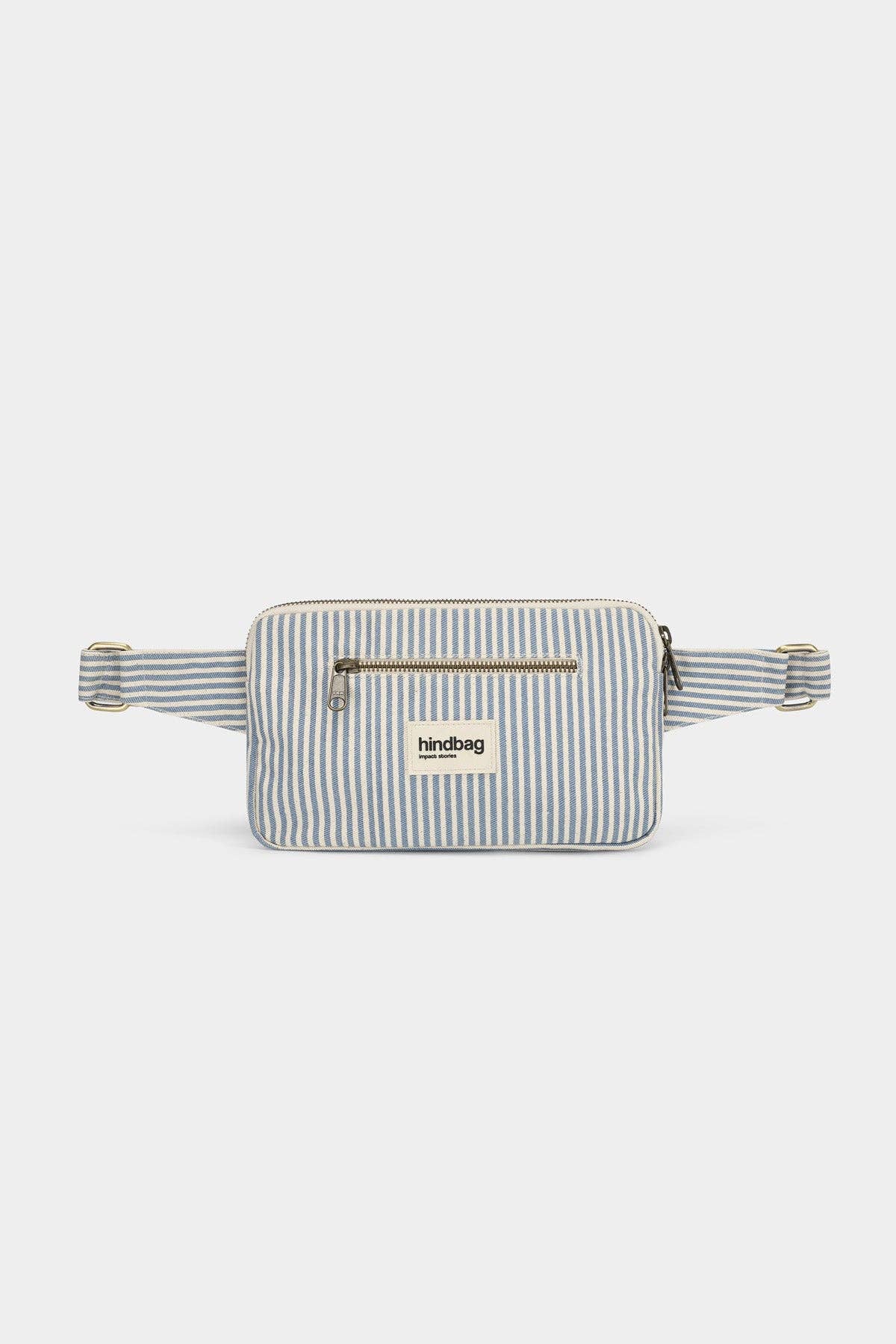 Gürteltasche Harry von Hindbag in blau-grauen Streifen – GOTS Bio-Baumwolle, 2 Reißverschlusstaschen, verstellbarer Gurt 73–115 cm