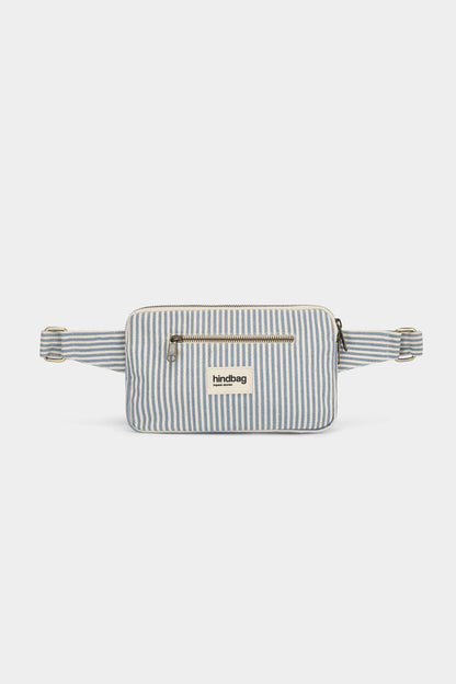 Gürteltasche Harry von Hindbag in blau-grauen Streifen – GOTS Bio-Baumwolle, 2 Reißverschlusstaschen, verstellbarer Gurt 73–115 cm
