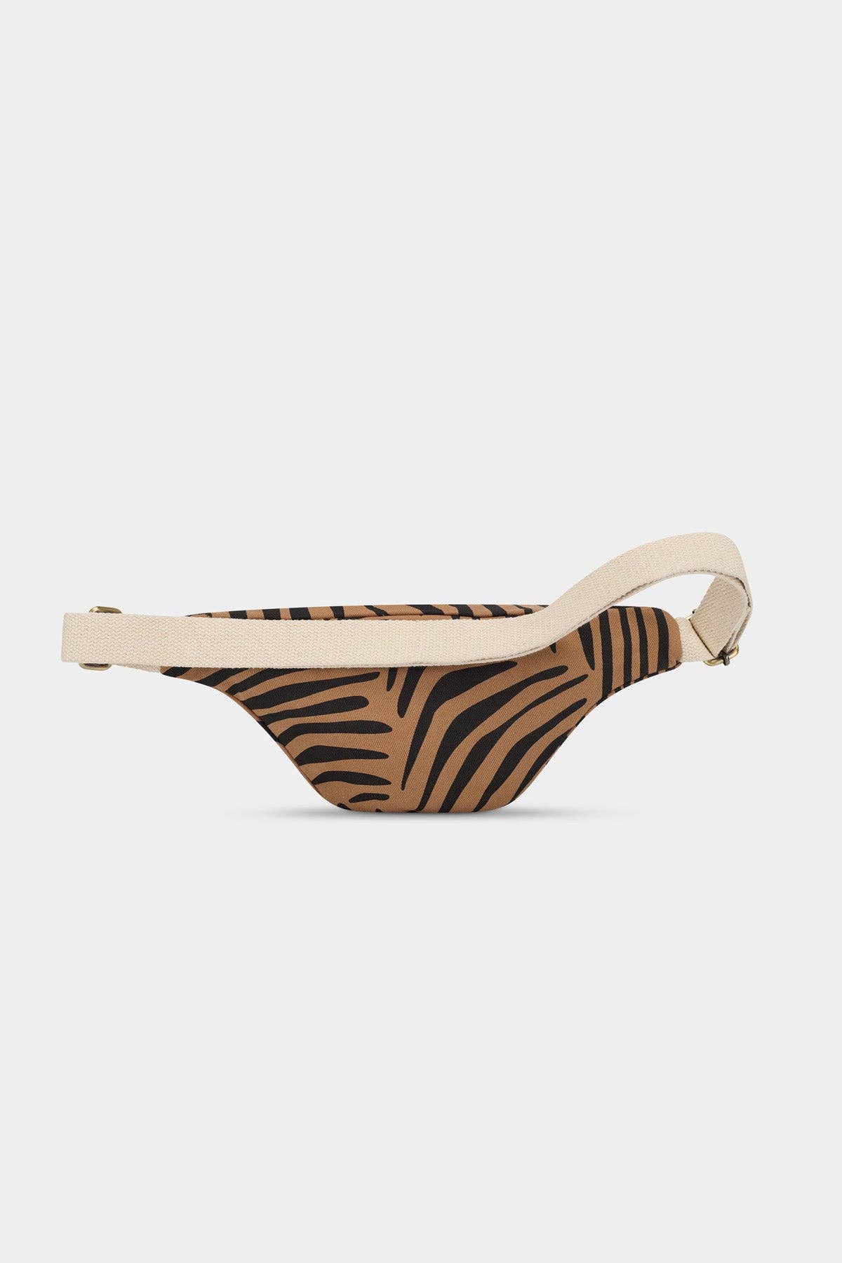 Bauchtasche Olivia von Hindbag im Zimt-Zebra-Print – GOTS Bio-Baumwolle, Doppelreißverschluss, verstellbarer Gurt 56–105 cm