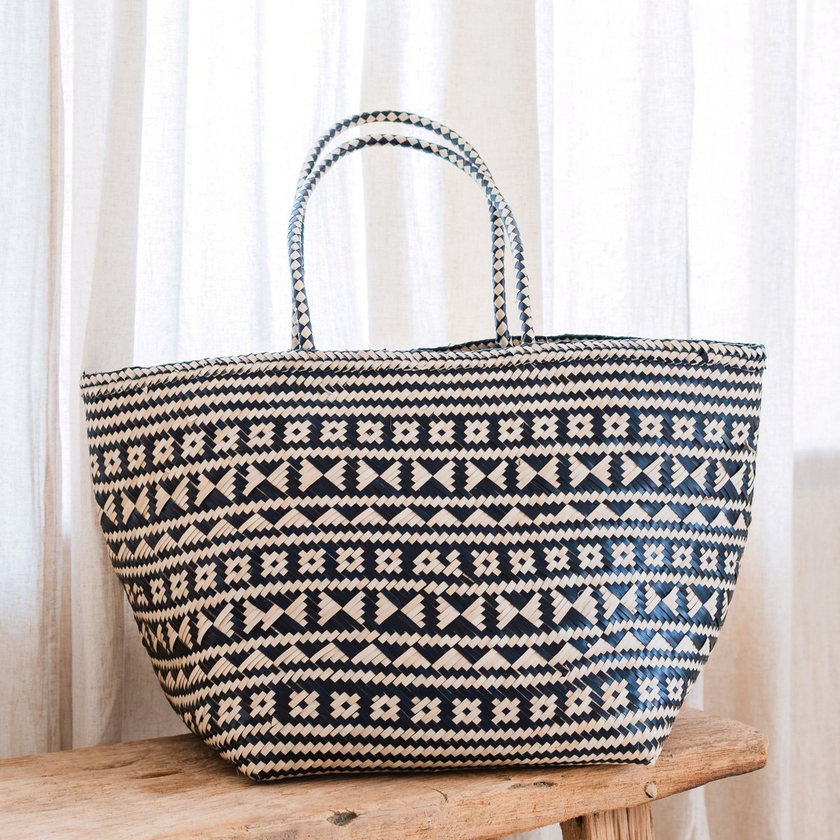 Boho-Einkaufstasche – Seegras-Sommertasche – Schulter-Strandtasche – gewebte Naturtasche – große Boho-Einkaufstasche KIDUL (schwarz)