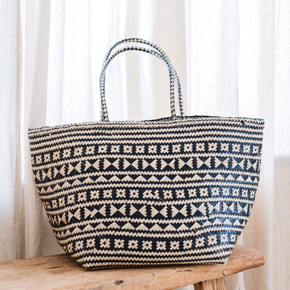 Boho-Einkaufstasche – Seegras-Sommertasche – Schulter-Strandtasche – gewebte Naturtasche – große Boho-Einkaufstasche KIDUL (schwarz) - HOLE-X-WORLD