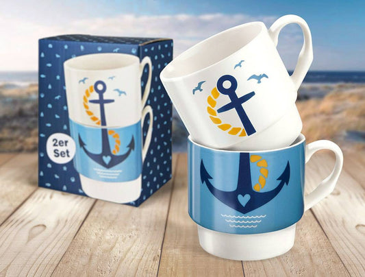 STRANDGUT - Stapeltasse "ANKER" 2tlg. Porzellan tolle Geschenkidee - HOLE-X-WORLD