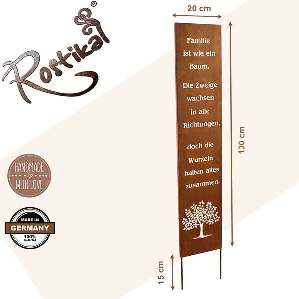 Gartendeko Edelrost Schild Familie 100 cm | auf Bodenplatte oder zum stecken | Deko Gartenschilder Metall