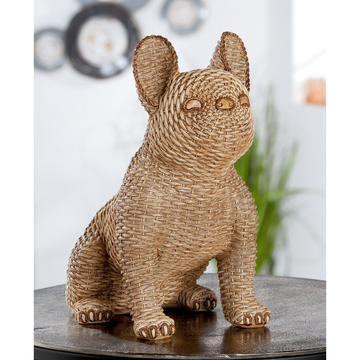 Skulptur, Figur, Hund, Mops in Rattan-Optik in braun aus Poly