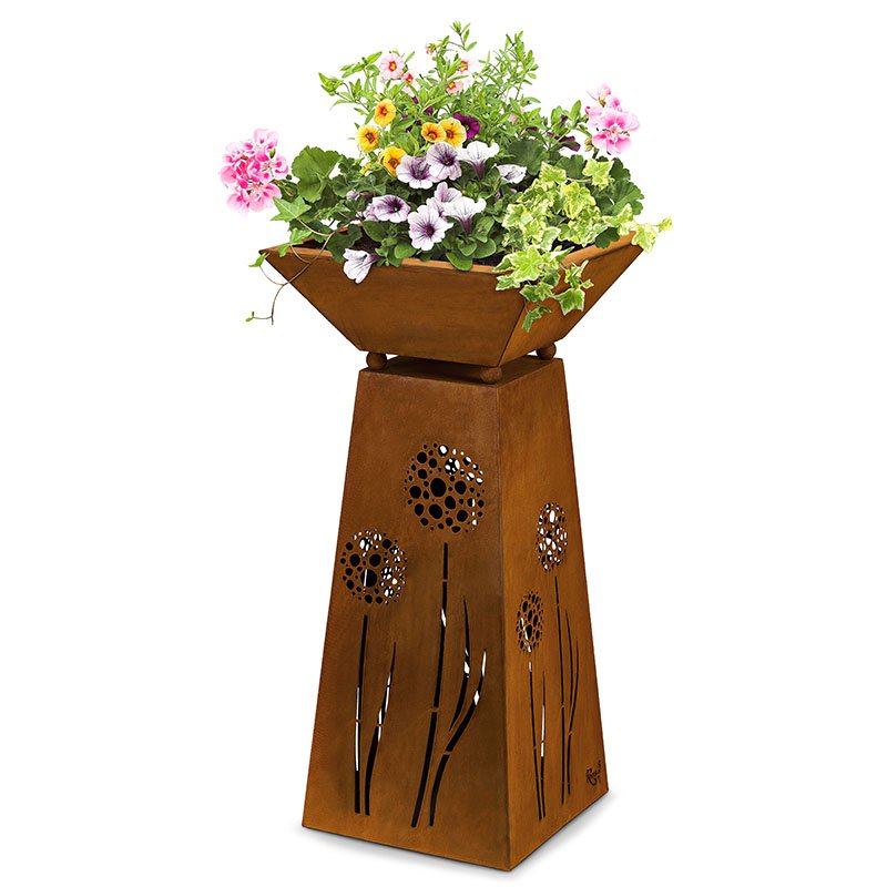 Metal decorative column with dandelions and deep planting bowl 35 x 35 cm