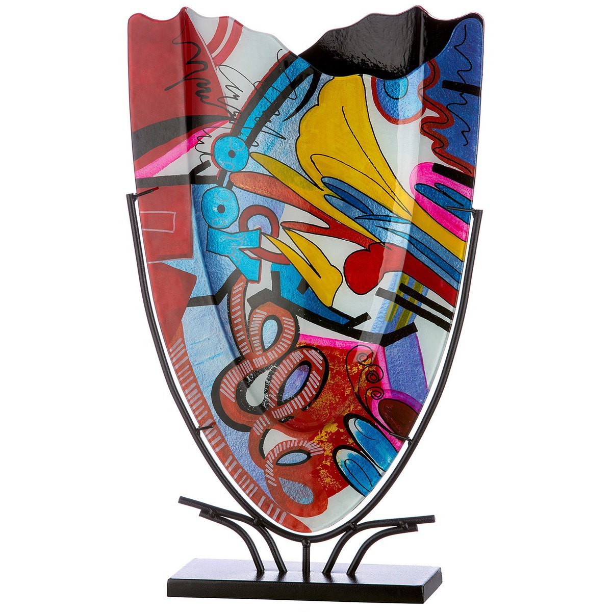 Vase, Blumenvase STREET ART oval aus GLAS auf Metallfuß, handbemalt