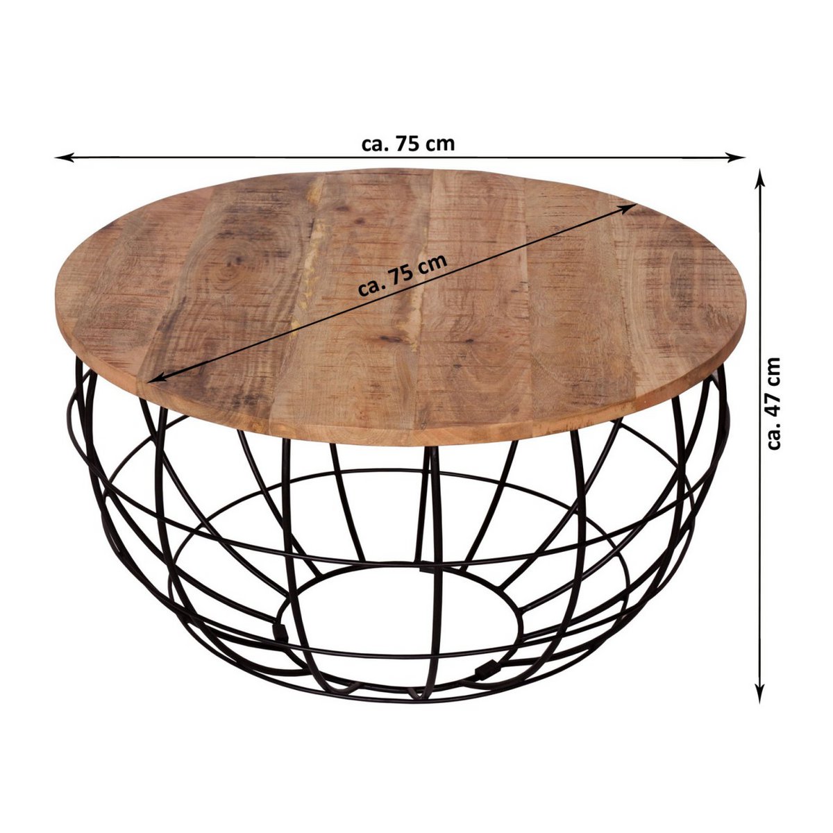 Couchtisch nachhaltig rund ø 75 cm Wohnzimmer-Tisch Massivholz London Metall Gitter Metall Gestell