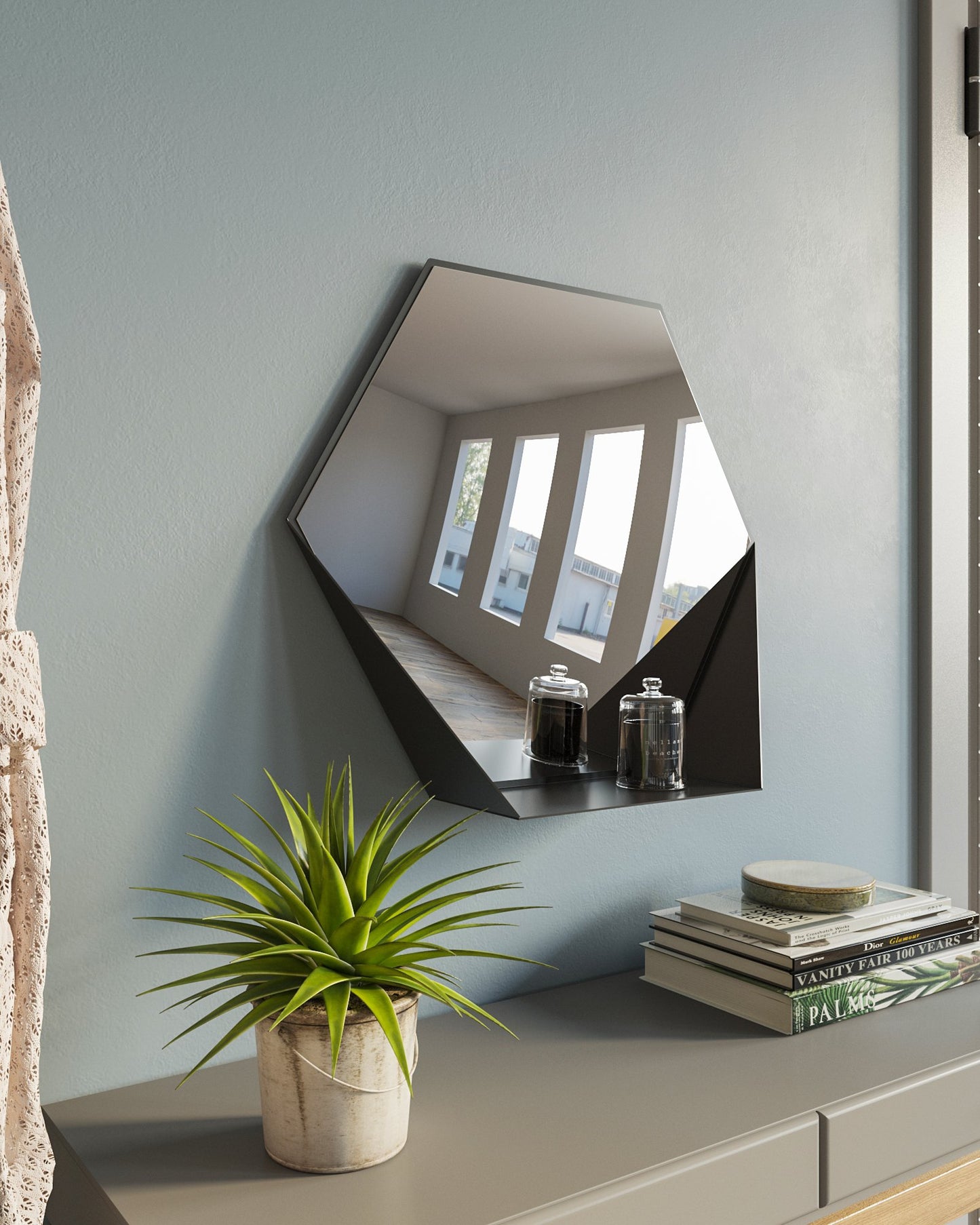 GORILLZ Hive Wall Mirror with Shelf - Hexagon Mirror - 60 x 52 cm - Industrial Black