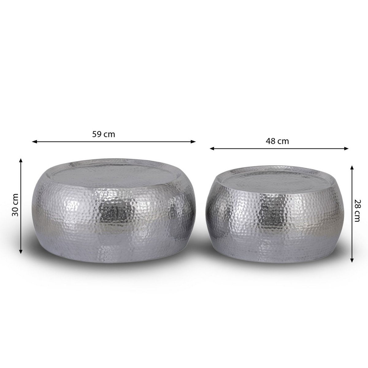 Couchtisch 2er Set Dakar rund ø 59/48 x H 30/28 cm silber Aluminium gehämmert