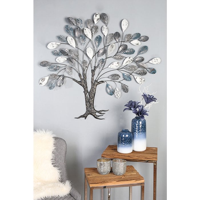 Wandrelief, Wandbild TREE in blau-Silber aus Metall
