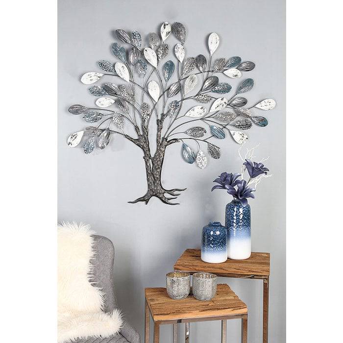 Wandrelief, Wandbild TREE in blau-Silber aus Metall