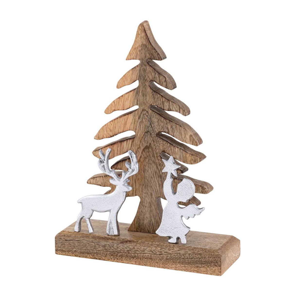 Holzfigur Weihnachtsbaum mit Hirsch u. Engel 20x27cm Weihnachtsdeko Mangoholz Aluminium