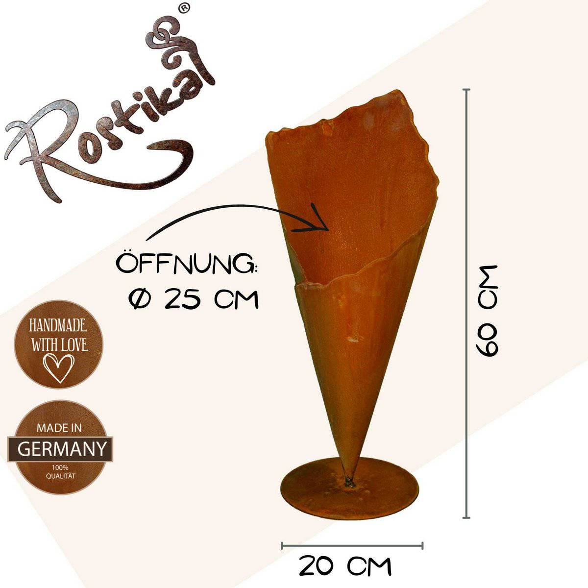 Rostdeko Pflanztüte auf Bodenplatte | Edelrost Gartendeko Pflanzvase aus Metall - HOLE-X-WORLD