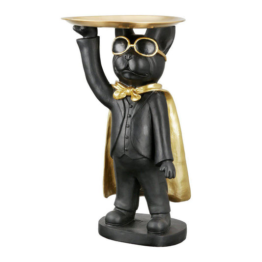 Skulptur, Figur, Dekoration, Hund HERO DOG in SCHWARZ-GOLD aus Kunststoff mit Metall Tablett - HOLE-X-WORLD