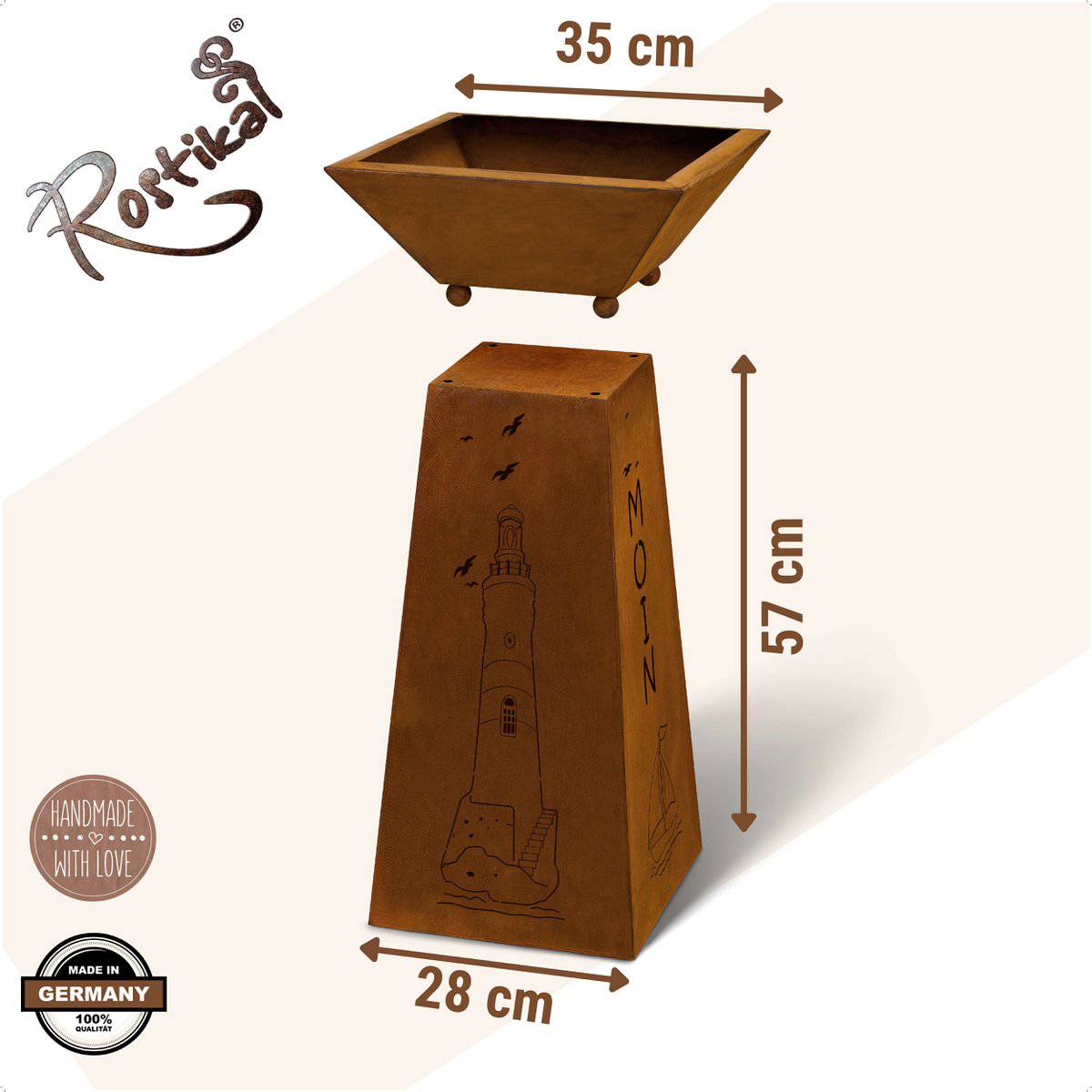 Deko Säule Moin mit Leuchtturm und tiefer Pflanzschale 35 x 35 cm - HOLE-X-WORLD