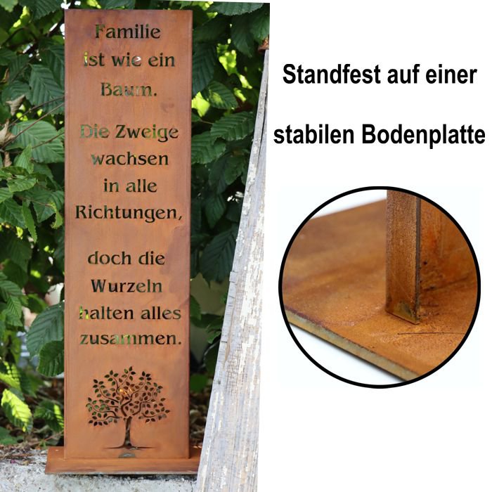 Gartendeko Edelrost Schild Familie 100 cm | auf Bodenplatte oder zum stecken | Deko Gartenschilder Metall