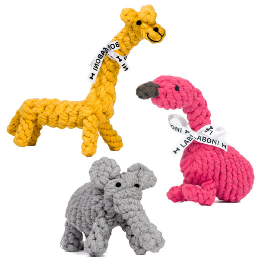 LABONI Summer Safari - Spielzeug-Set für Hunde aus zahnpflegendem Baumwolltau