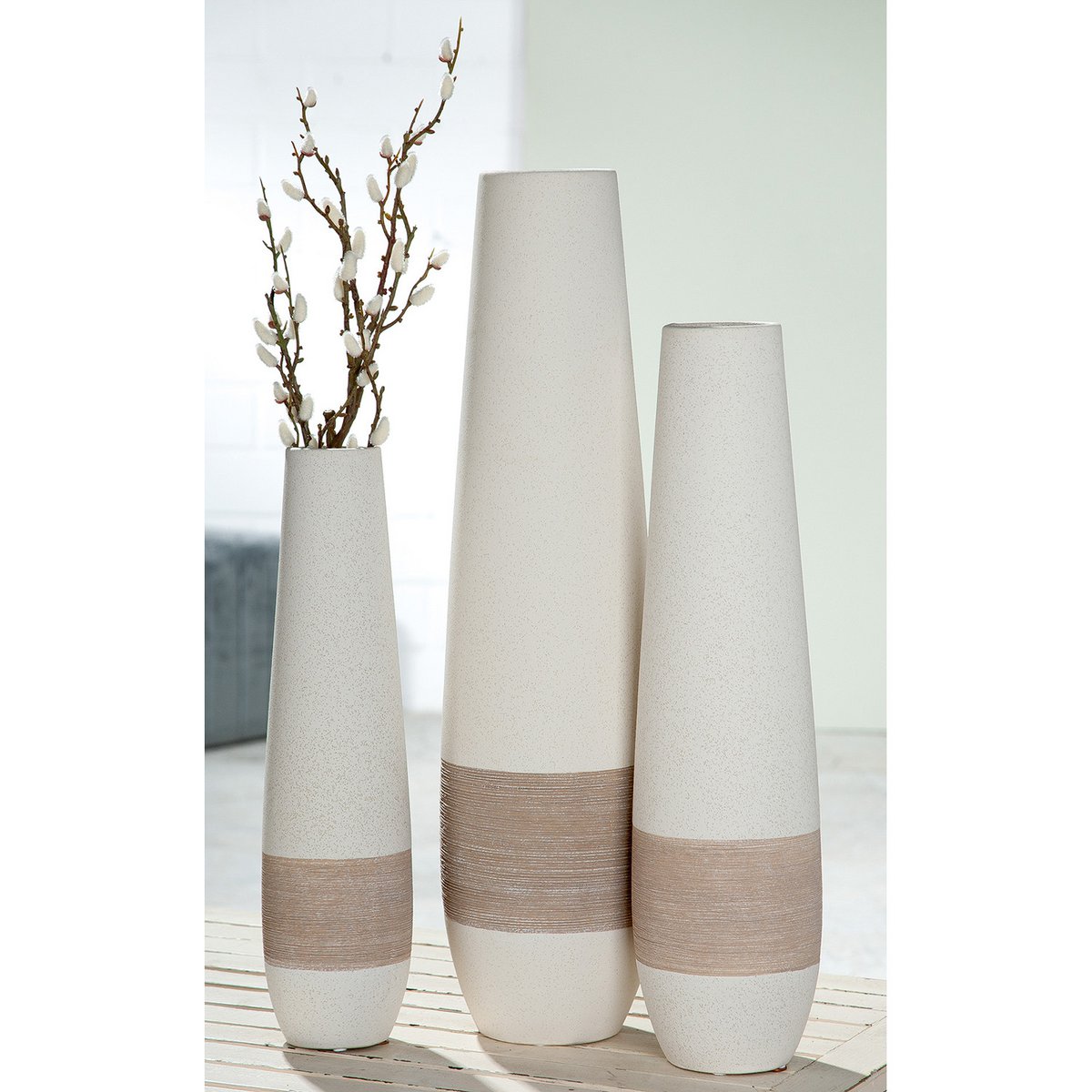 Vase, Blumenvase, Bodenvase OLBIA in weiß-creme aus Keramik