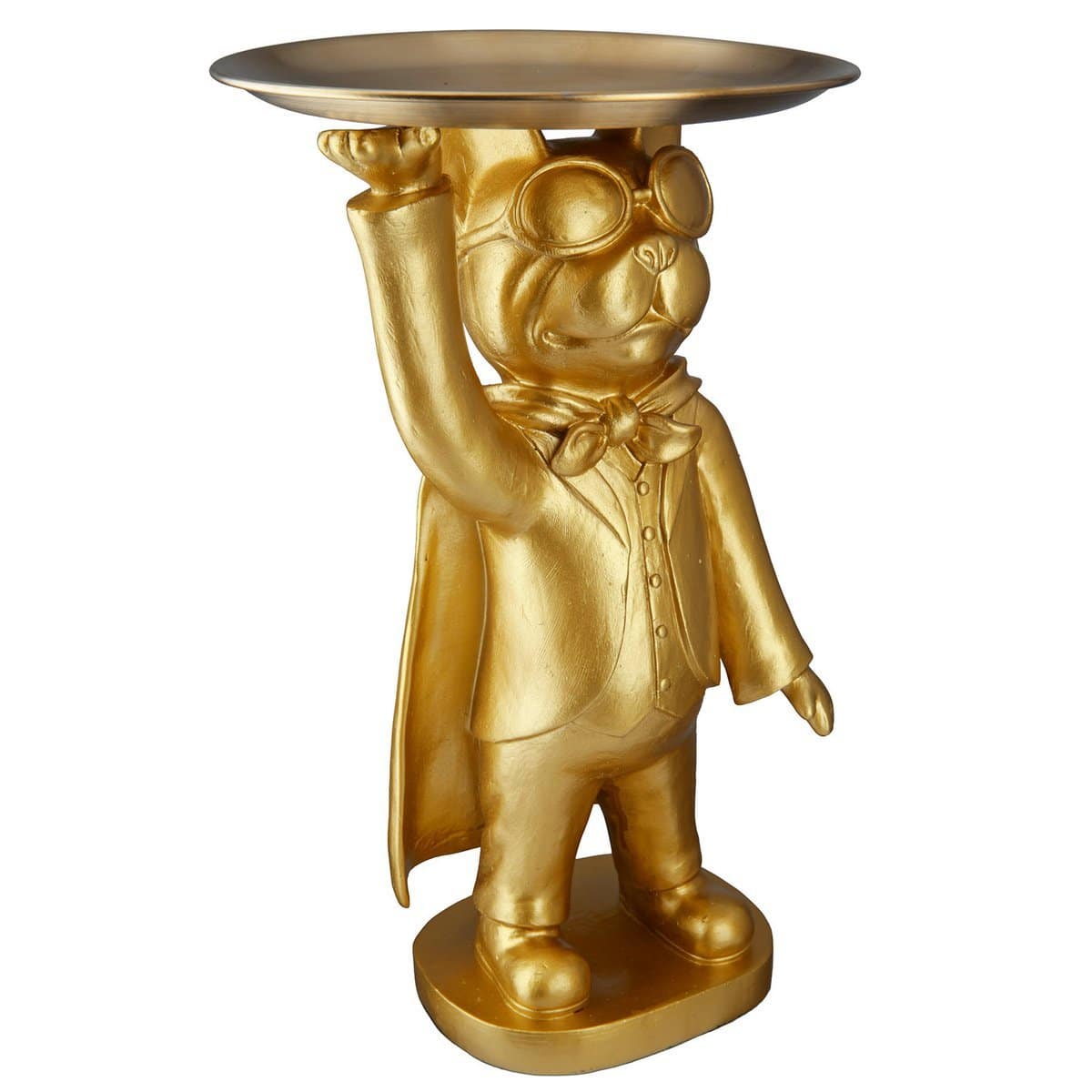 Skulptur, Figur, Dekoration, Hund HERO DOG in GOLD aus Kunstharz mit Metall-Tablett - HOLE-X-WORLD