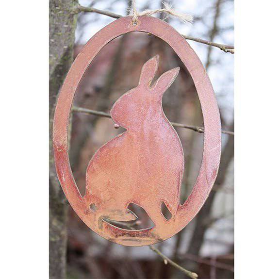 Rost Deko Hase im Ei | Fensterdeko hängend zu Ostern | 15 cm x 11 cm | sitzender Hase | Ostereier zum aufhängen - HOLE-X-WORLD