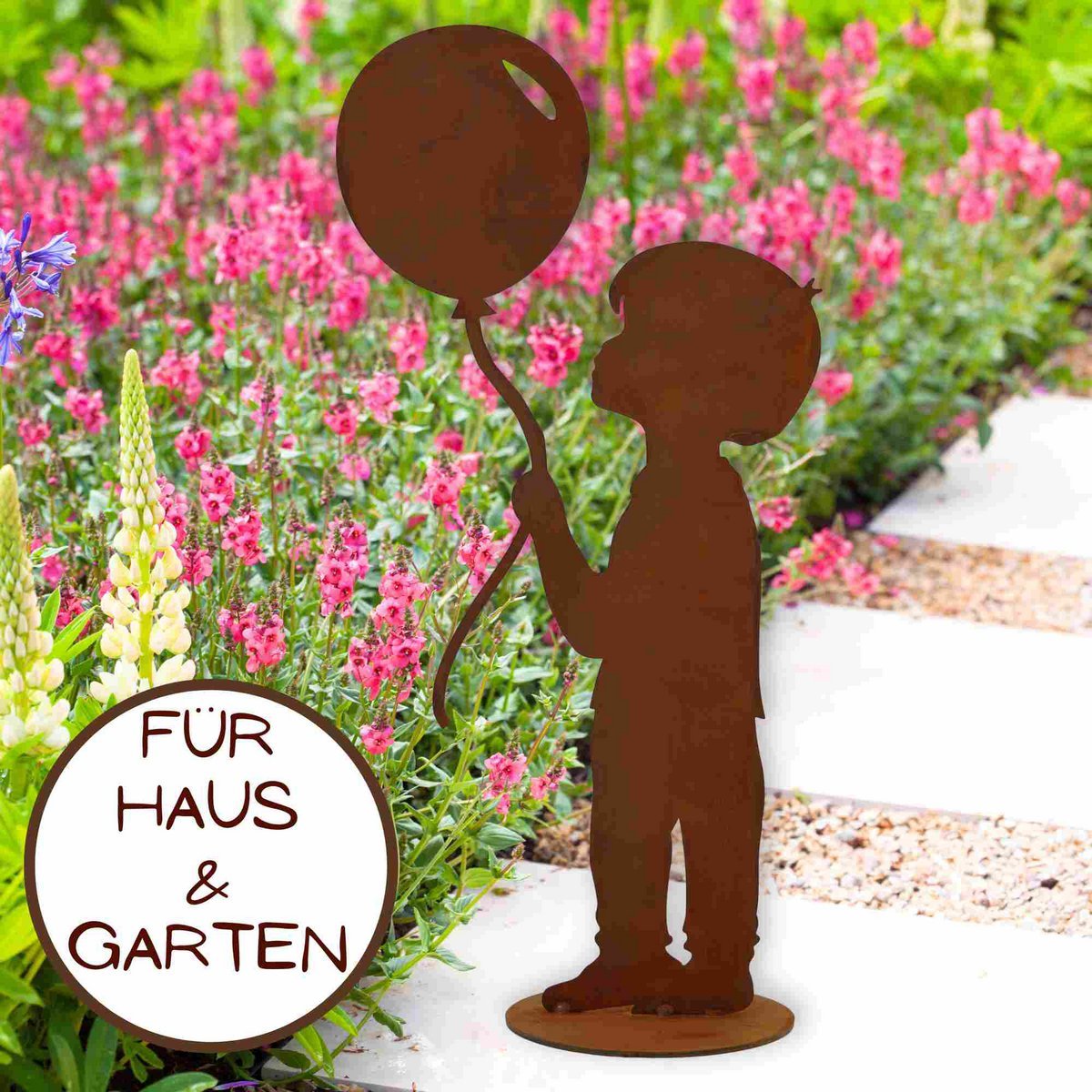 Junge mit Luftballon | Edelrost Gartendeko Figur